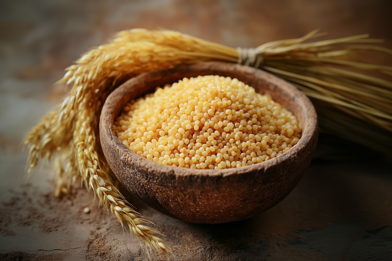 imagine a bowl of cooked millet grains with a bundle of millet stalks next to it. The bowl should be rustic, made of natural materials, and the cooked millet should look fluffy and golden. The millet stalks are slightly green and golden, with visible grains. The background should have a natural, earthy feel, possibly a wooden or stone surface, in soft natural lighting. --ar 3:2 --v 6.1 Job ID: 6e68d822-7b14-465d-a765-f8b92d72d10f