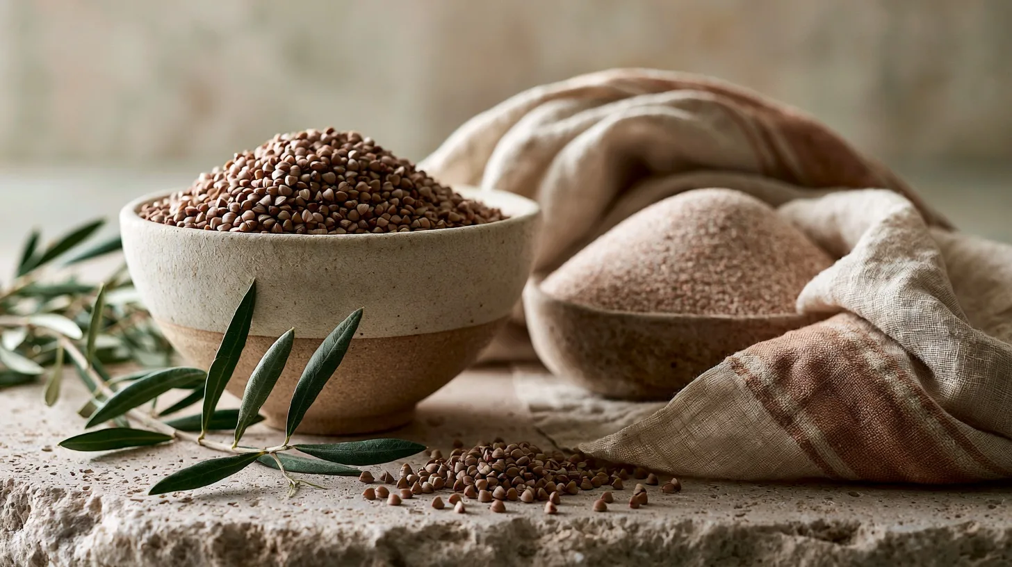 Elegant ceramic bowl filled with whole buckwheat groats beside finely milled buckwheat flour, linen cloth, olive branches, natural limestone surface, warm Mediterranean morning light, premium editorial ingredient photography, Kinfolk magazine aesthetic, highly realistic, Leica Summilux photography, shallow depth of field --ar 16:9 --raw --profile 5wmohlt --v 8.1 Job ID: dc5bb62b-ba69-4547-9924-79a9e2daaf45