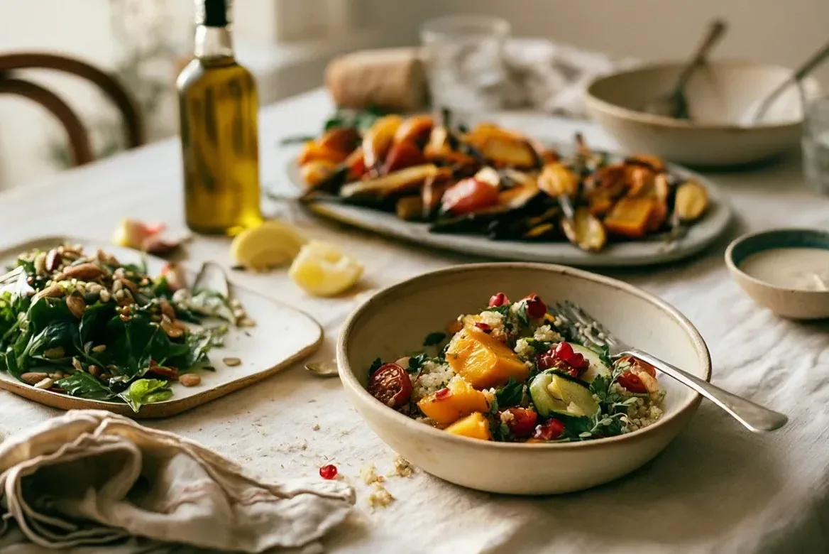 Mesa mediterránea con quinoa, verduras asadas, ensalada, tahini, limón y aceite de oliva para compartir.