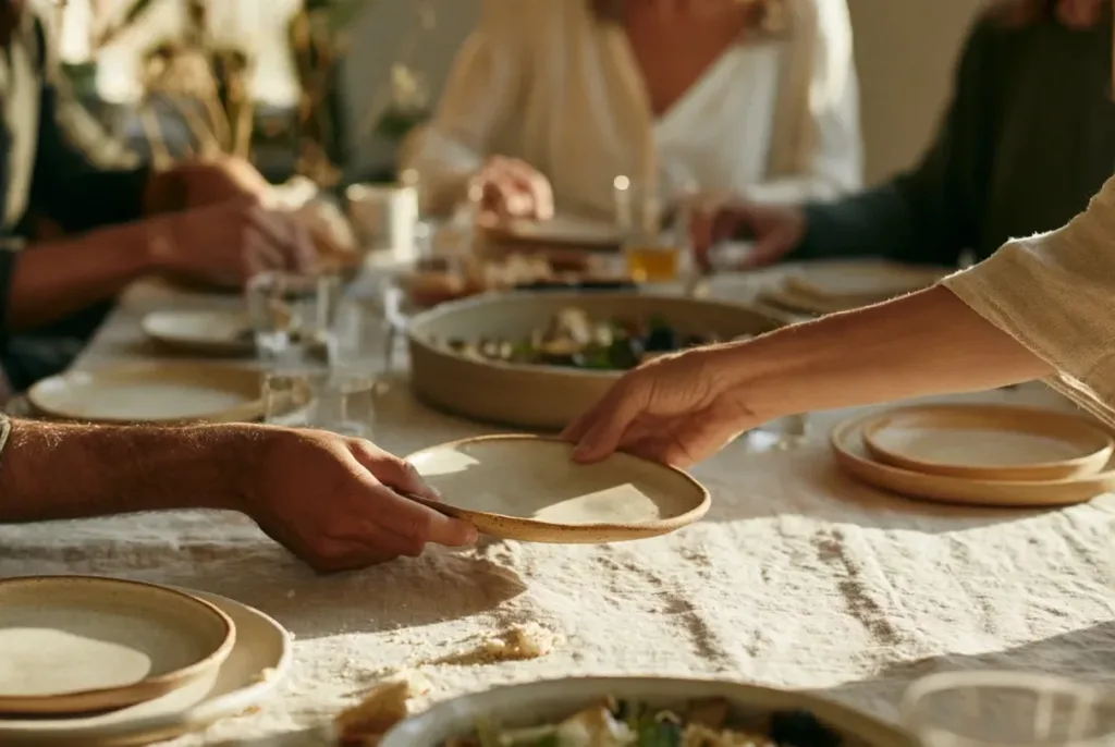 Dos personas se pasan un plato alrededor de una mesa mientras comparten una comida con amigos.
