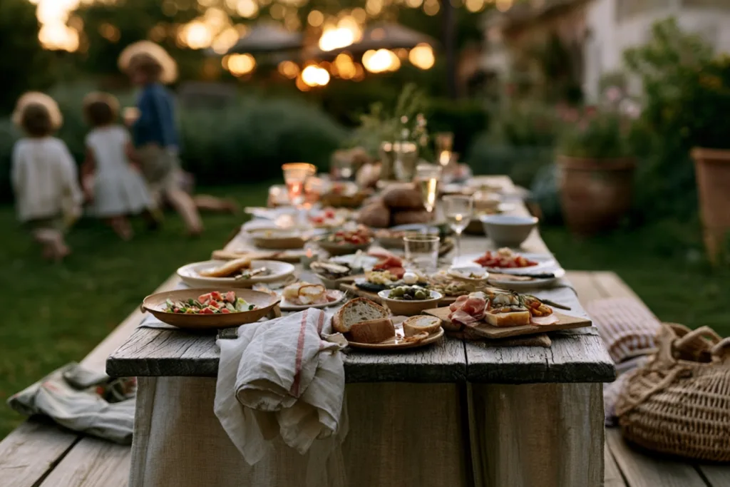 Mesa al aire libre preparada para compartir una comida en un jardín al atardecer.